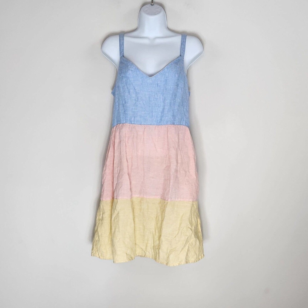 Cynthia Rowley 100% Linen Color Block Mini Dress Pockets V-Neck Women's Size M